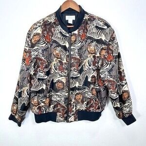 Vintage Silk Bomber‎ Coat Leopard Cat Jungle Print Eclectic Maximalism 80s Retro